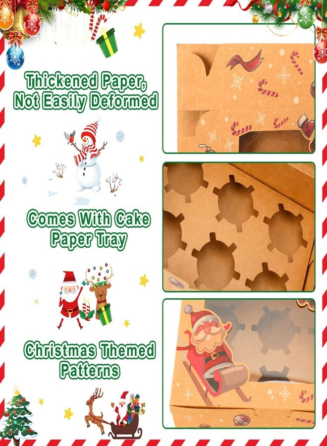 AUGSUN 6 Count Cupcake Boxes, Christmas Cupcake Carrier with Window,6 Sets Christmas Food Bakery Treat Holder,Kraft Gift Boxes for Gift Giving Cookie Pastry Birthday Holiday Party Supplies - Image 4